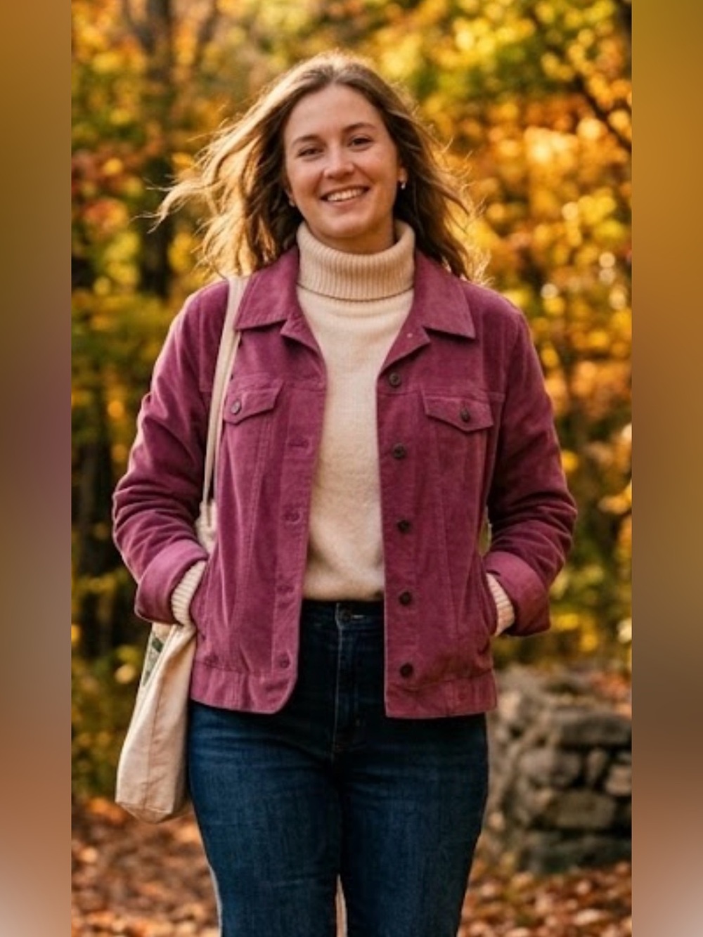 L.L. Bean Lined Stretch Corduroy Trucker Jacket Magenta Medium Petite
